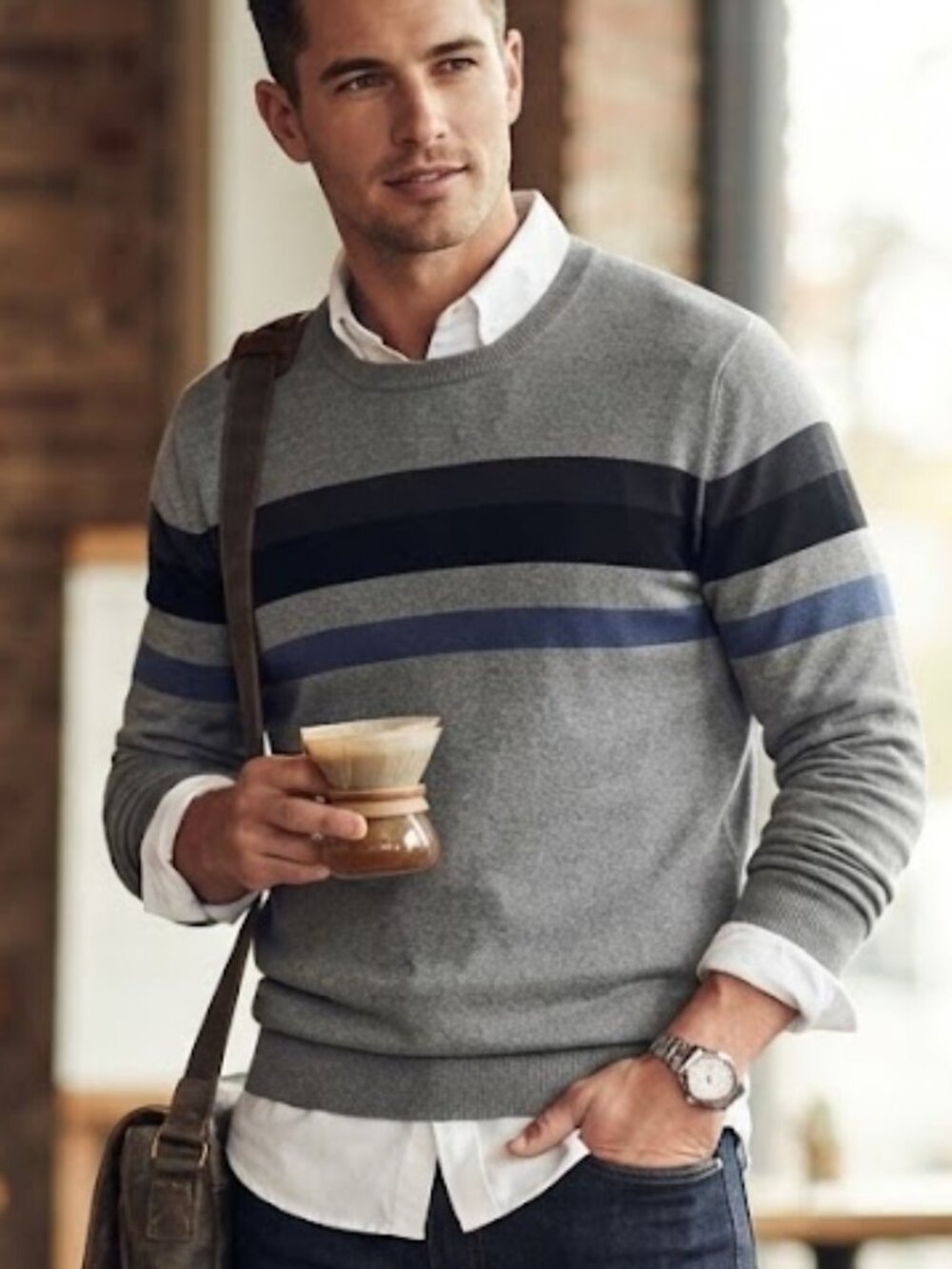 Kenneth Cole Select Gray Striped Crewneck Sweater 100% Cotton Size M/M